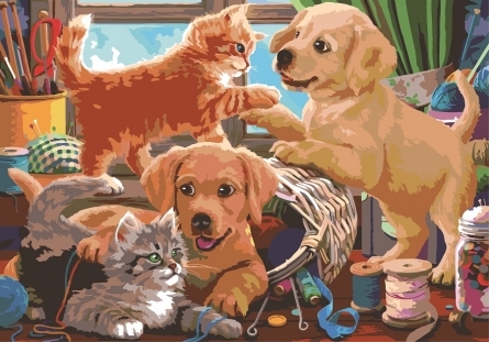 Раскраска по номерам. Формат А3. Щенки с котятами (Арт. Р-9348)