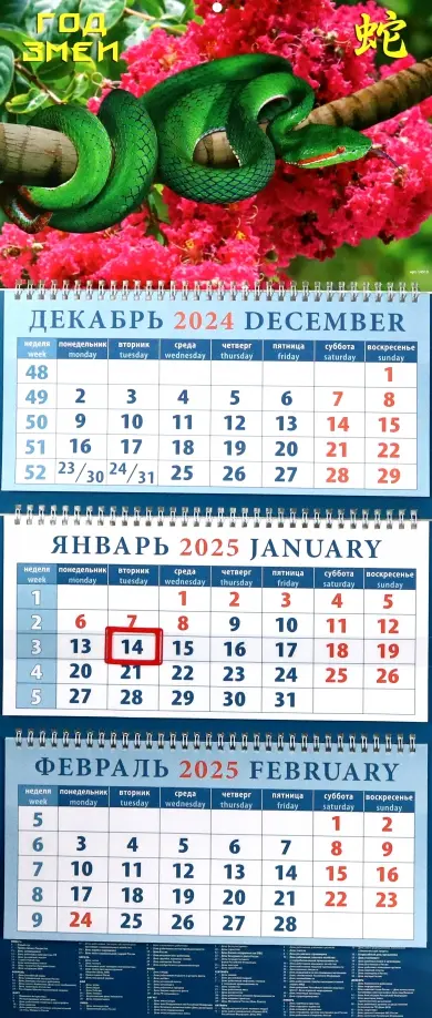 Календарь квартальный на 2025 год Год змеи